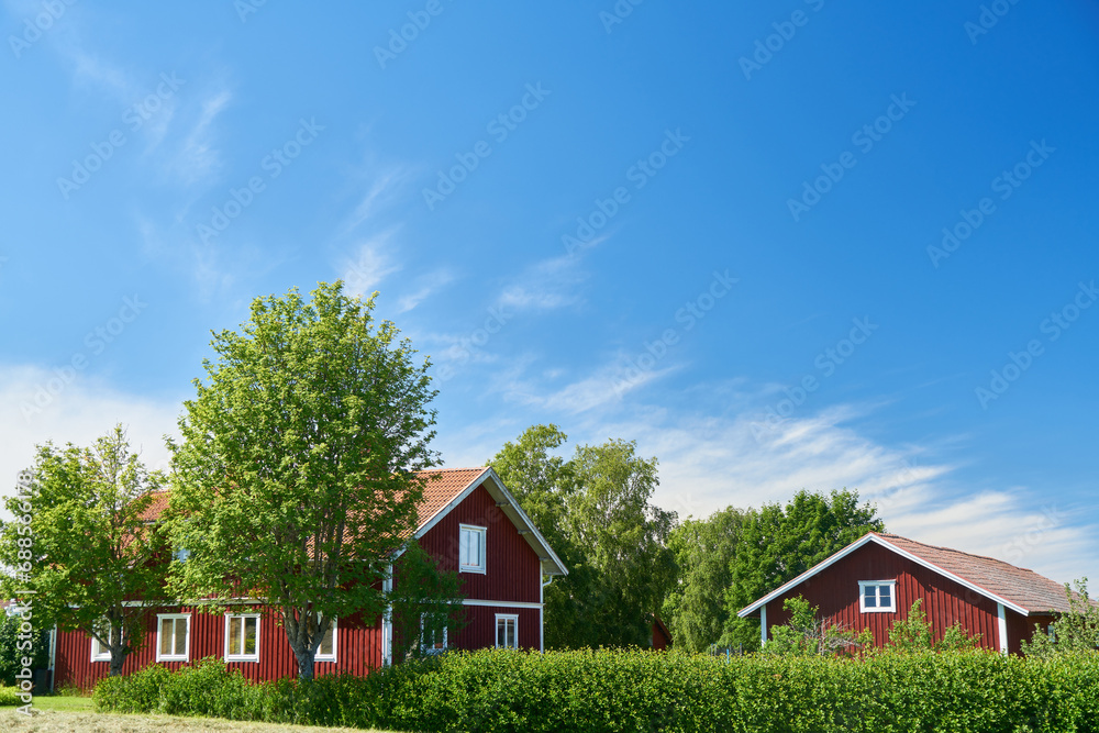 Swedish red house with trees and garden in summer Swedish red house with trees and garden in summer