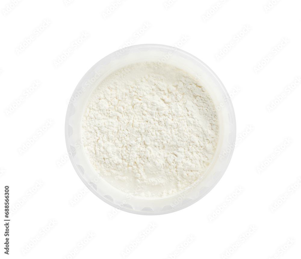 Rice loose face powder on white background, top view. Makeup product Rice loose face powder on white background, top view. Makeup product