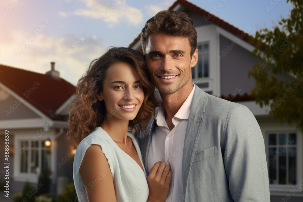 Smiling couple with large house on background