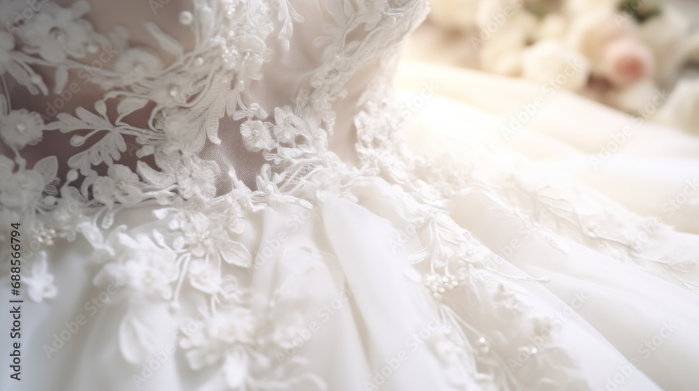 close-up view of a stunning white bridal gown adorned with intricate flower embroidery, detailed and delicate, creating an extraordinary look for a special wedding day. close-up view of a stunning white bridal gown adorned with intricate flower embroidery, detailed and delicate, creating an extraordinary look for a special wedding day.