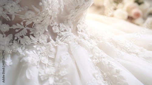 close-up view of a stunning white bridal gown adorned with intricate flower embroidery, detailed and delicate, creating an extraordinary look for a special wedding day. photo