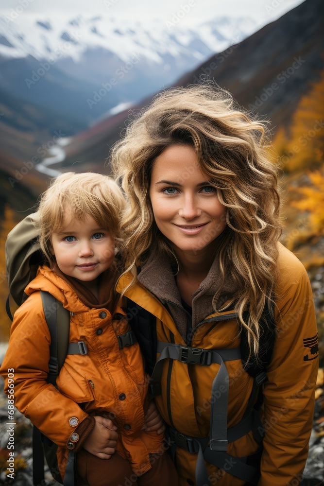 A mother with a child through the mountains. An active lifestyle. A mother with a child through the mountains. An active lifestyle.