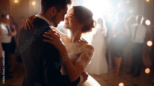 The bride and groom joyfully danced at their wedding, celebrating love and happiness with a lively and festive dance, creating cherished memories on their special day.