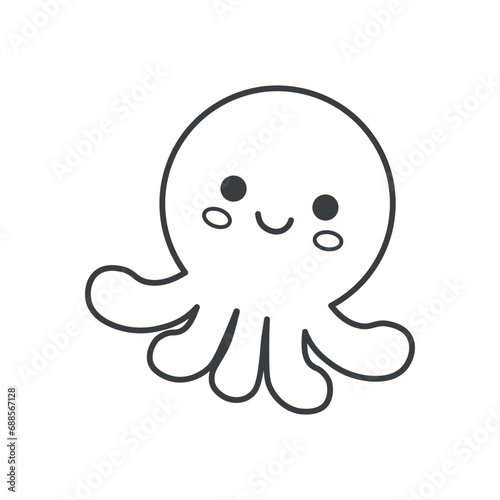 Kawaii element of set in black line design. Kawaii design on this endearing octopus character, accentuated by a black outline that enhances its charm. Vector illustration.