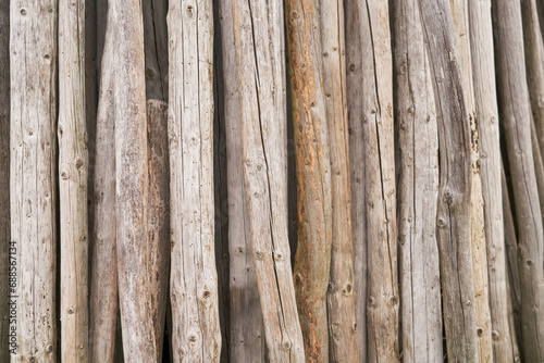 Many round weathered old wood planks as background texture