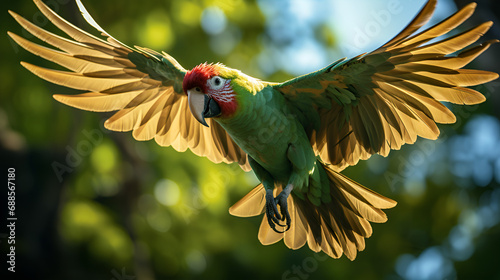 red and green macaw, green bird in sky  © Micro
