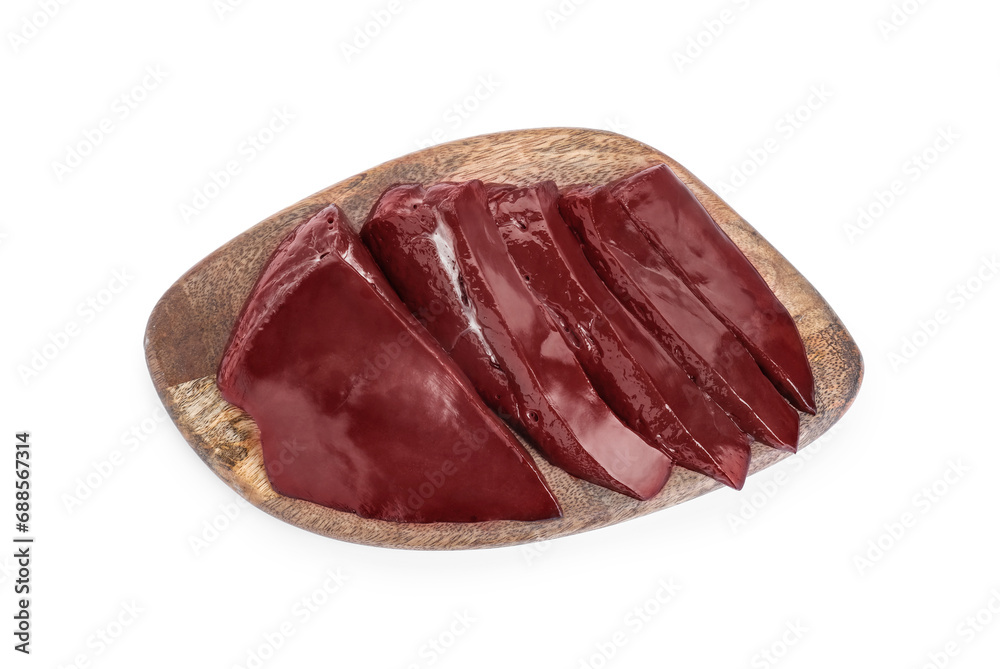 Cut raw beef liver isolated on white, top view Cut raw beef liver isolated on white, top view