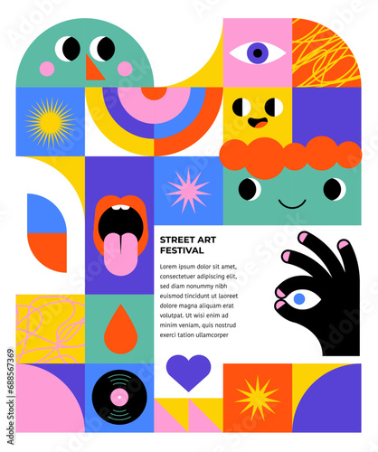 Happy Carnival, colorful geometric background with splashes, speech bubbles, masks and confetti 