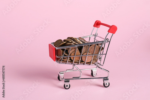 Small metal shopping cart with coins on pink background