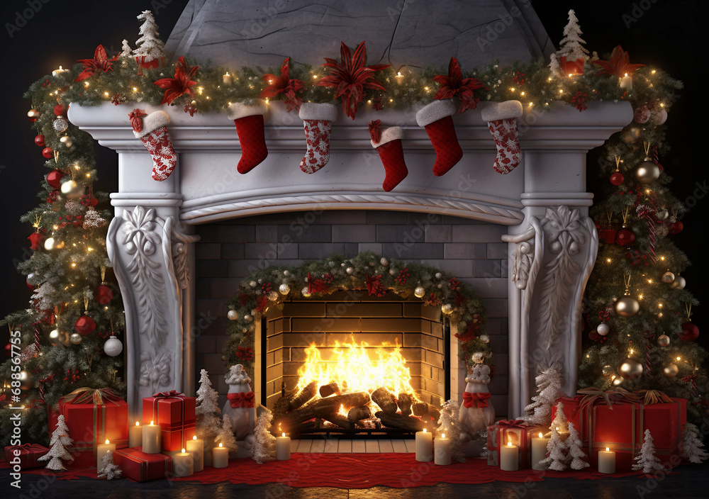 fireplace with christmas decorationschristmas, fireplace, tree, room, home, xmas, christmas tree, holiday, decoration, interior, fire, lights, celebration, decorations, winter, presents, 
