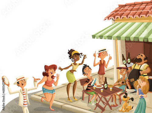 Group of people partying in a bar. Dancing samba in the street.

