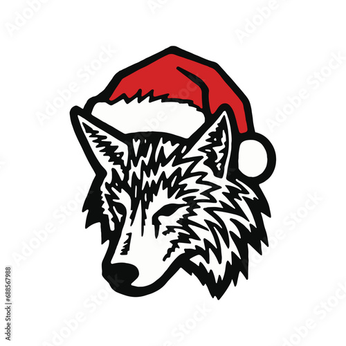 Christmas Wolf - Cartoon illustration of wolf wearing Christmas hat