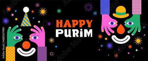 Purim Carnival, Happy Carnival, colorful geometric background with clown, splashes, speech bubbles, masks and confetti 