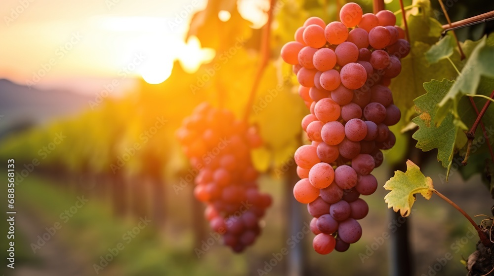 Ripe grapes on a vineyard plantation at sunset during harvest. Winery background