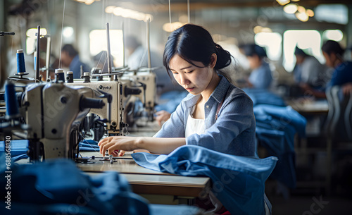 Photograph of an Asian seamstress in a textile factory sewing on industrial sewing machines.