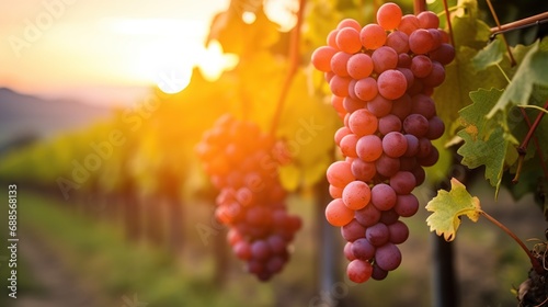 Ripe grapes on a vineyard plantation at sunset during harvest. Winery background