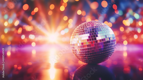 Retro disco dance background. Glowing disco mirror ball on the multi-colored lights bokeh of a night party. Vintage Event Invitation photo