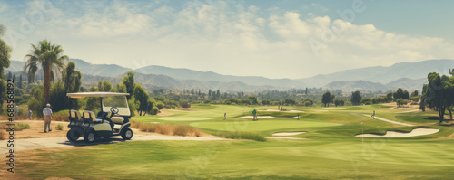 Golf green resort in beautiful sport day. Modern golf sport location photo