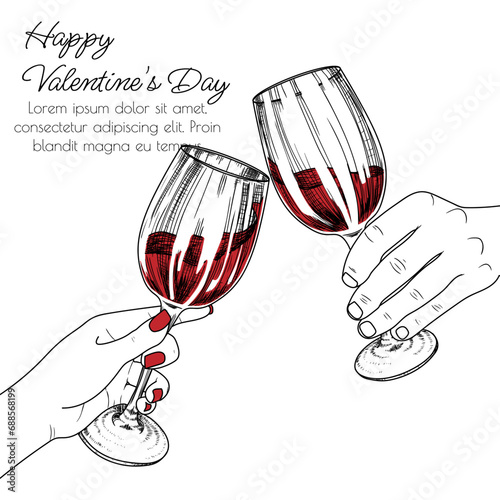Vector Valentine's Day card with 2 glasses of wine in hands in engraving style