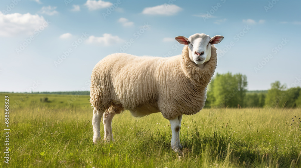 A wool sheep grazes on an ecologically clean picturesque meadow. A wool sheep grazes on an ecologically clean picturesque meadow.