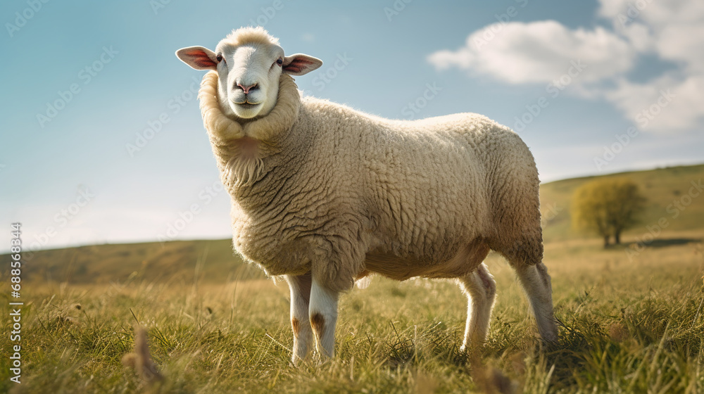 A wool sheep grazes on an ecologically clean picturesque meadow. A wool sheep grazes on an ecologically clean picturesque meadow.
