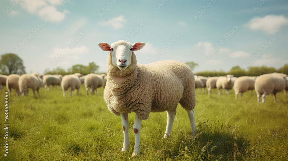 A wool sheep grazes on an ecologically clean picturesque meadow. A wool sheep grazes on an ecologically clean picturesque meadow.