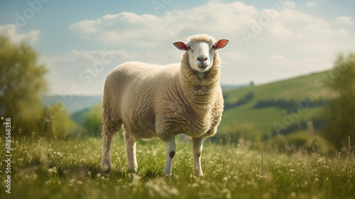 A wool sheep grazes on an ecologically clean picturesque meadow.