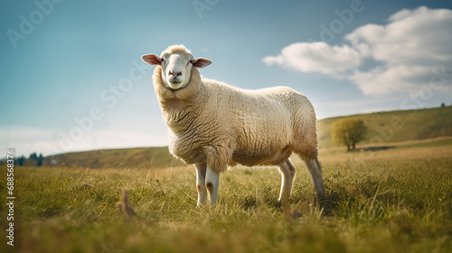 A wool sheep grazes on an ecologically clean picturesque meadow.