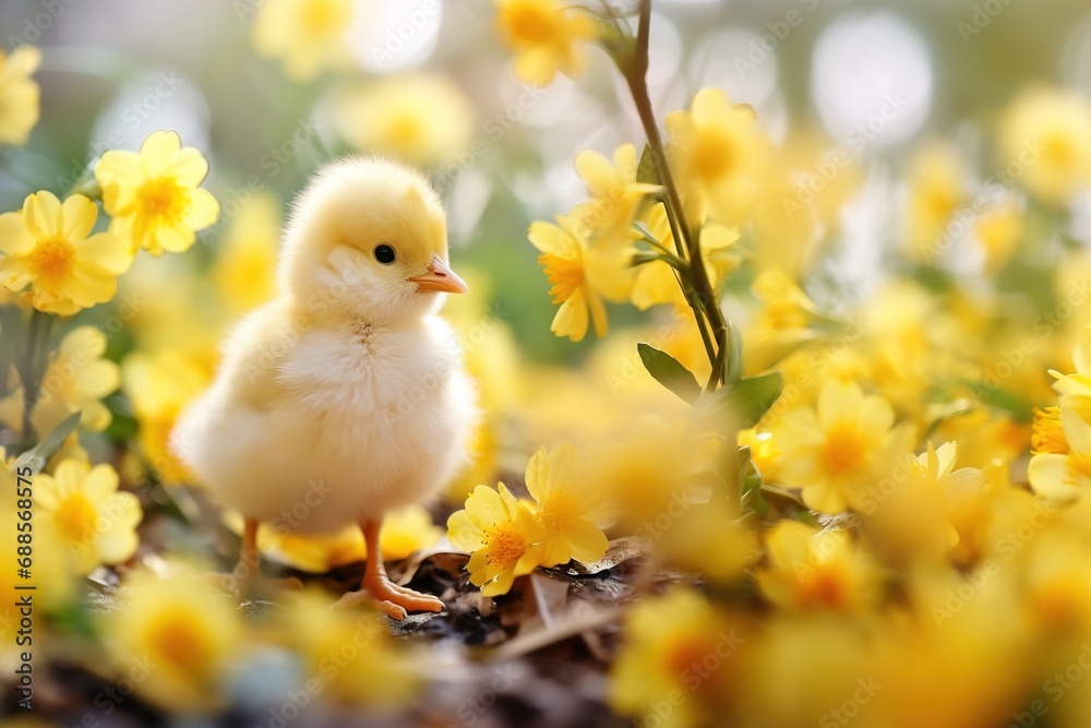 Cute adorable yellow Easter little chick and bright spring flowers. Happy Easter greeting card