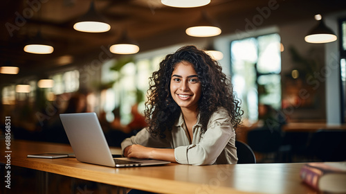 Young happy smiling Hispanic female student preparing for exam using laptop in university library. College student studying remotely. Education and technology background