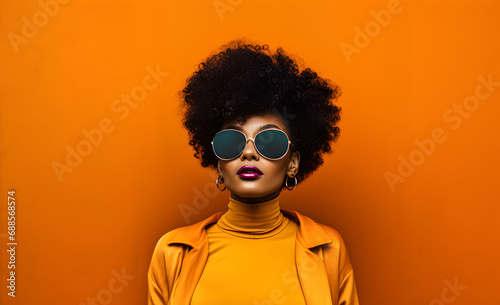 Cool and modern black woman wearing sunglasses on orange banner background.