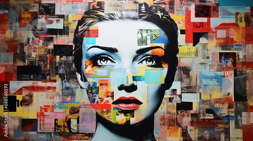 Abstract collage of modern art portrait of a young beautiful woman composed of excerpts from a magazine and newspapers. Pop art style