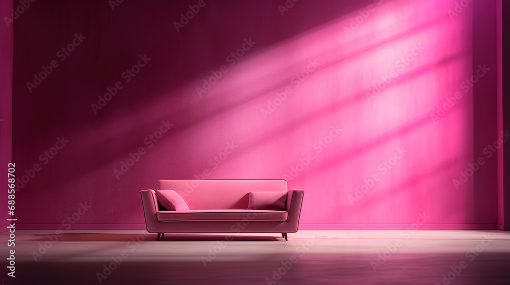 Pink monochrome interior design, pink sofa and empty background on luxury pink wall, living room mockup and sunlight from window - obrazy, fototapety, plakaty 