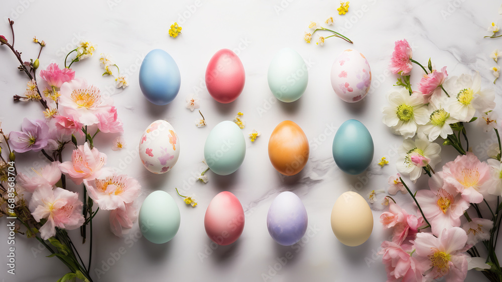 Handmade decorated Easter eggs with spring flowers on a light paper background. Happy Easter card template Handmade decorated Easter eggs with spring flowers on a light paper background. Happy Easter card template