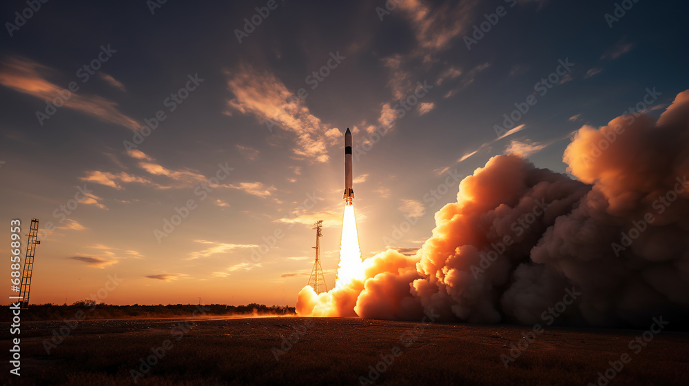 Obraz premium A spaceship takes off into the sky from the cosmodrome, clouds of smoke. The rocket starts traveling into space. Startup concept.