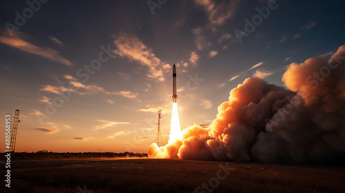 Fototapeta Naklejka Na Ścianę i Meble -  A spaceship takes off into the sky from the cosmodrome, clouds of smoke. The rocket starts traveling into space. Startup concept.