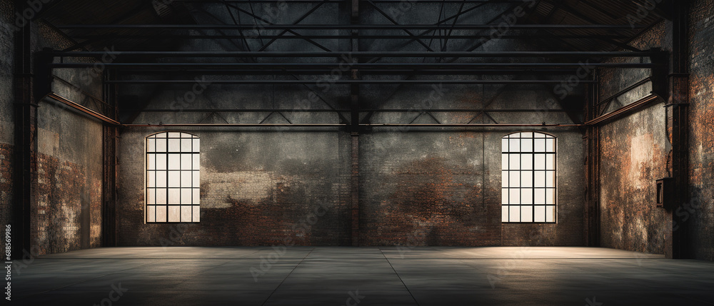 Industrial loft style empty old warehouse interior,brick wall,concrete floor