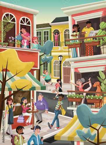 Group of cartoon people in a city. City landscape with buildings.
