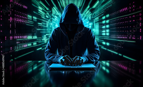 Hacker typing on a computer. Concept of cybercrime, cyberattack, dark web photo