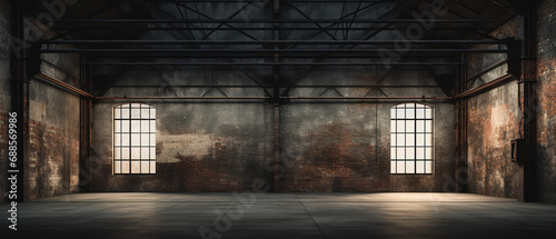 Industrial loft style empty old warehouse interior,brick wall,concrete floor photo