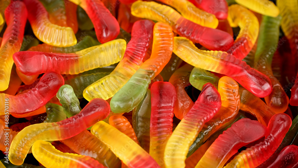 colorful gummy candy jelly worms, close up