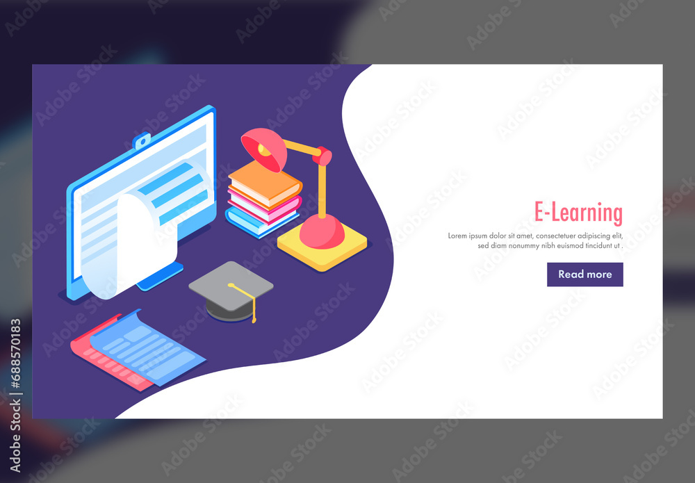 E-Learning Concept Based Landing Page with Isometric Desktop, Books ...