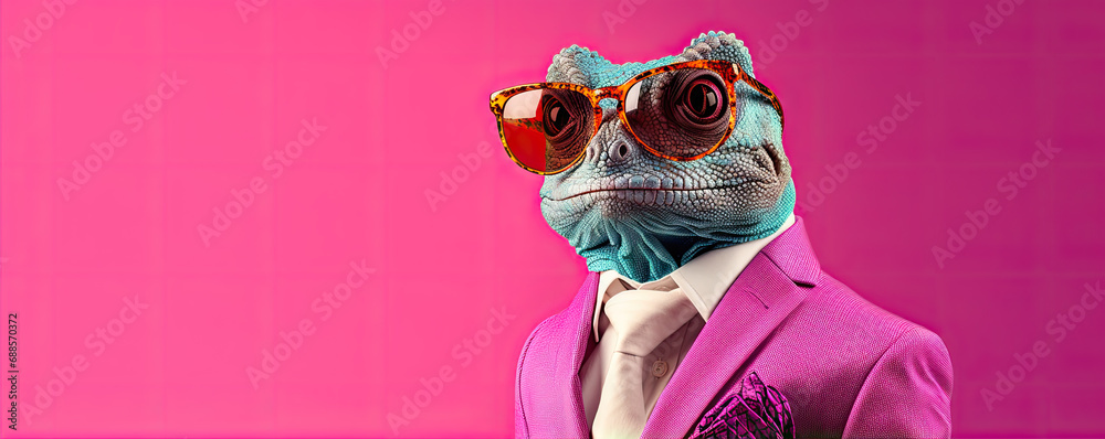 Fototapeta premium Funny lizard wearing a pink suit and glasses on red pink background.