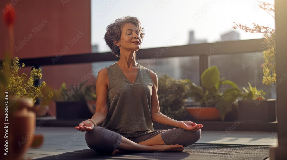 mature woman doing yoga in the morning