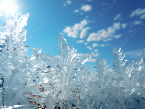 Ice cold winter, icicles and ice crystals in nature on trees, windows and stones, AI generated