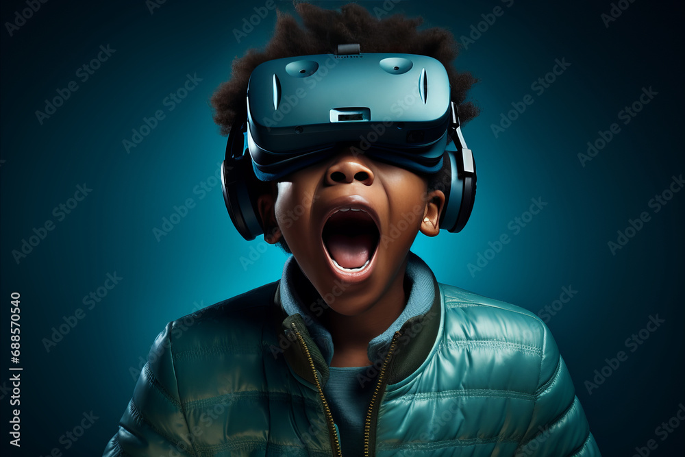 Engaged African American Boy Experiencing Immersive Virtual Reality Gaming with VR Headsets Engaged African American Boy Experiencing Immersive Virtual Reality Gaming with VR Headsets