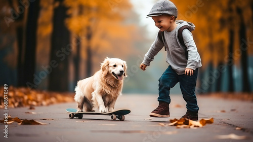 kid skating with his doggie