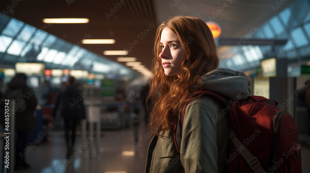 teen traveller at the airport, woman waiting for her flight at airport teen traveller at the airport, woman waiting for her flight at airport