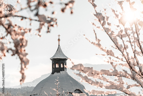 Intense scenery at a beautiful but freezing cold winter morning with amazing colores in the nature of austria. photo