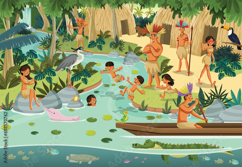Cartoon indians in the forest. Tropical Rainforest with native people. Tribe with animals and indians on amazon jungle.
 photo